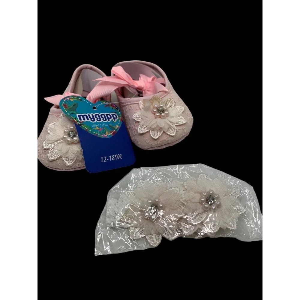 Myggpp Baby Mary Jane Bowknot Pink Eyelet Floral‎ Princess Soft Shoes 12-18 Mth